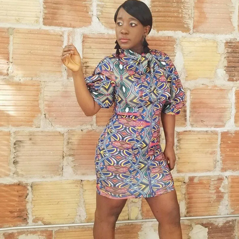 Mia Puff Sleeve Tie-Neck Front Zipper Mini Dress