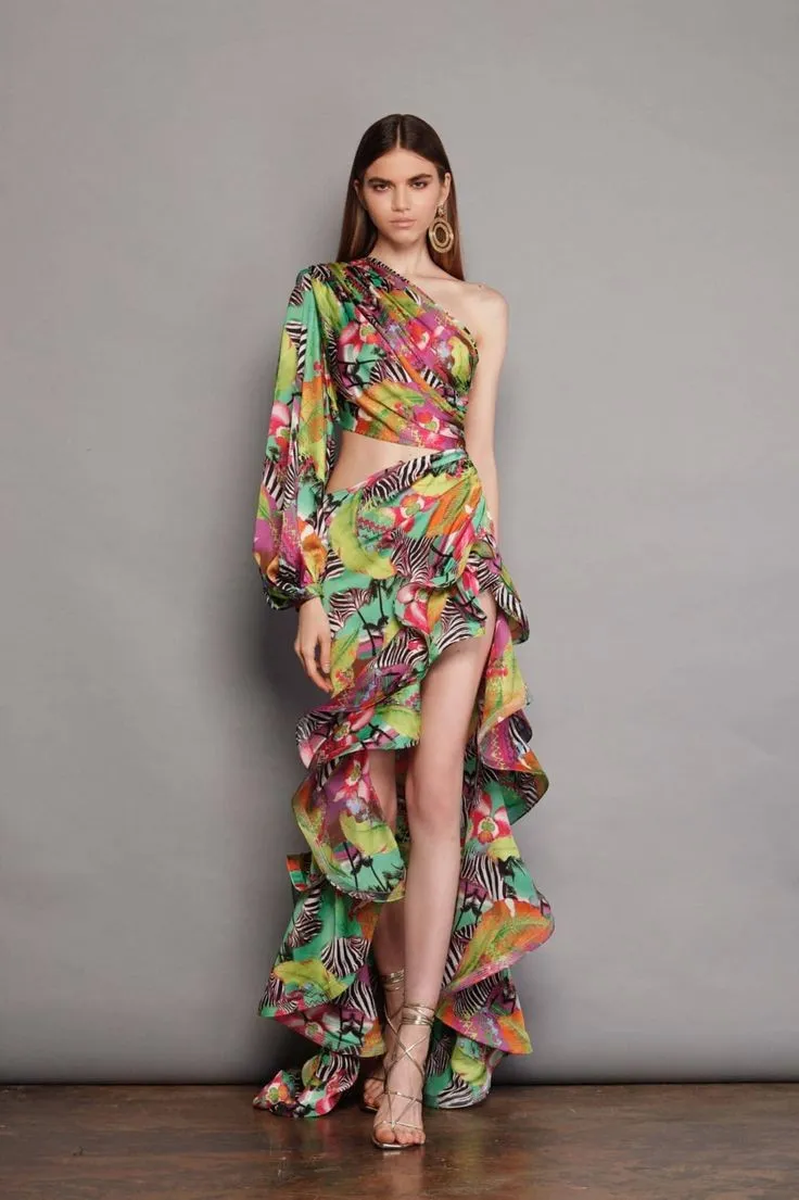 One Shoulder Ruffle Cut out Floral Printed Dress