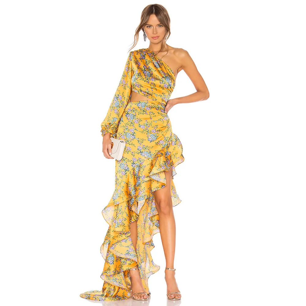 One Shoulder Ruffle Cut out Floral Printed Dress