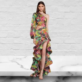 One Shoulder Ruffle Cut out Floral Printed Dress