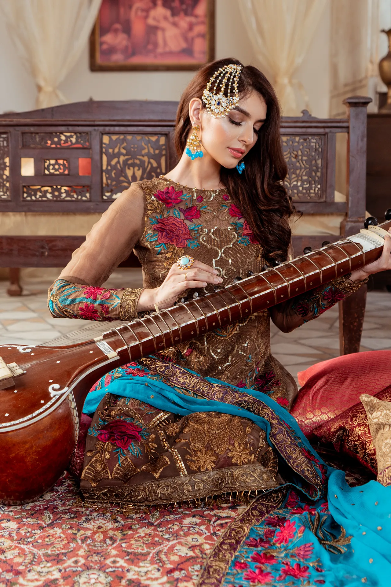Pakistani embellished chiffon outfit in metallic copper color # P2452