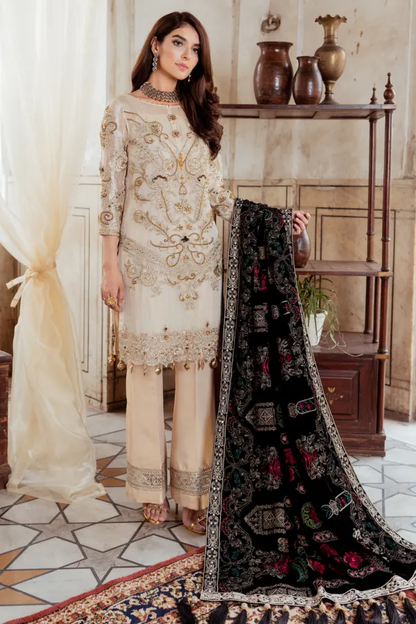 Pakistani embroidered zari party dress in dew mulberry color # P2444