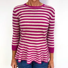 Pink and Cream Stripes Peplum Hem Cashmere Crew Neck Jumper Medium