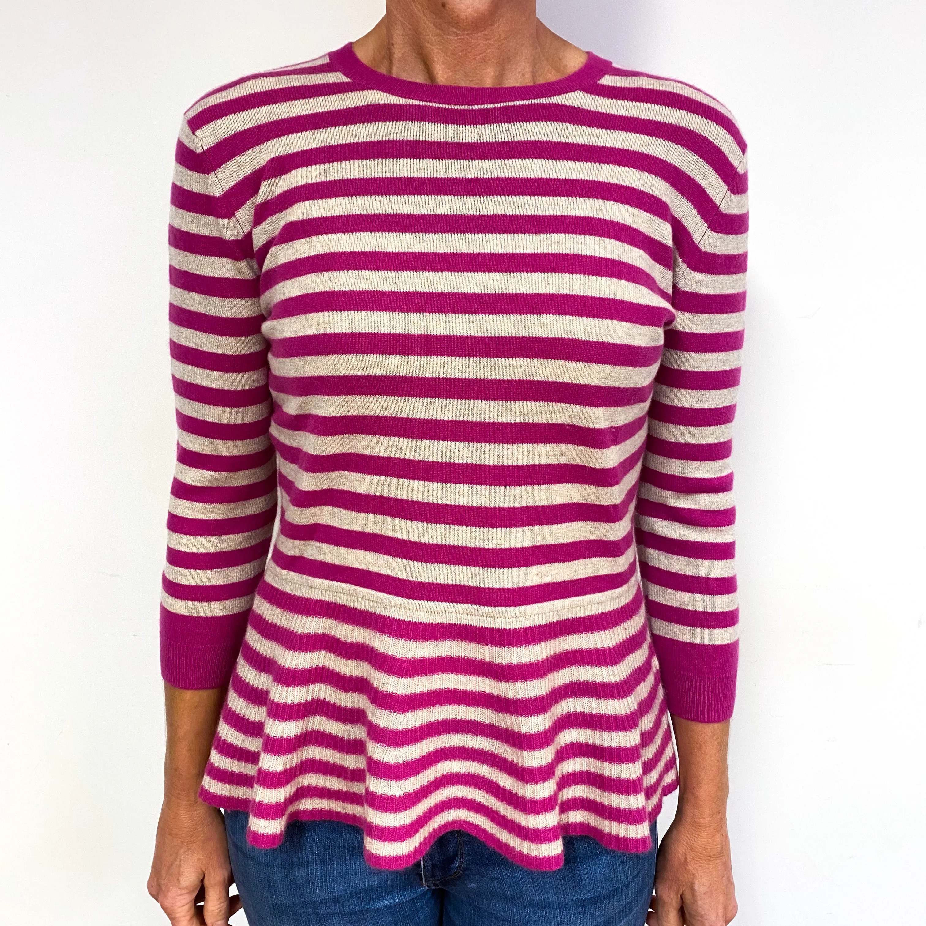 Pink and Cream Stripes Peplum Hem Cashmere Crew Neck Jumper Medium