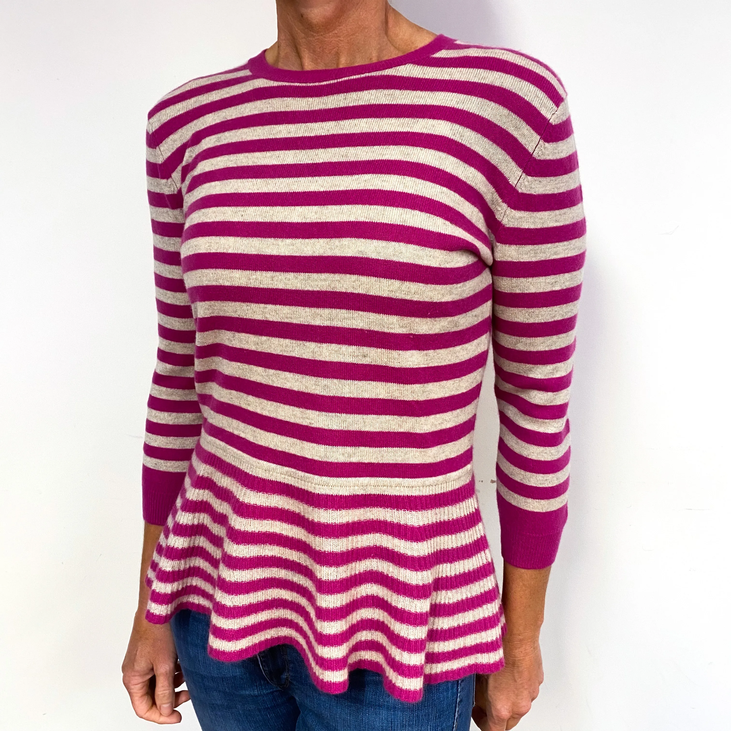 Pink and Cream Stripes Peplum Hem Cashmere Crew Neck Jumper Medium