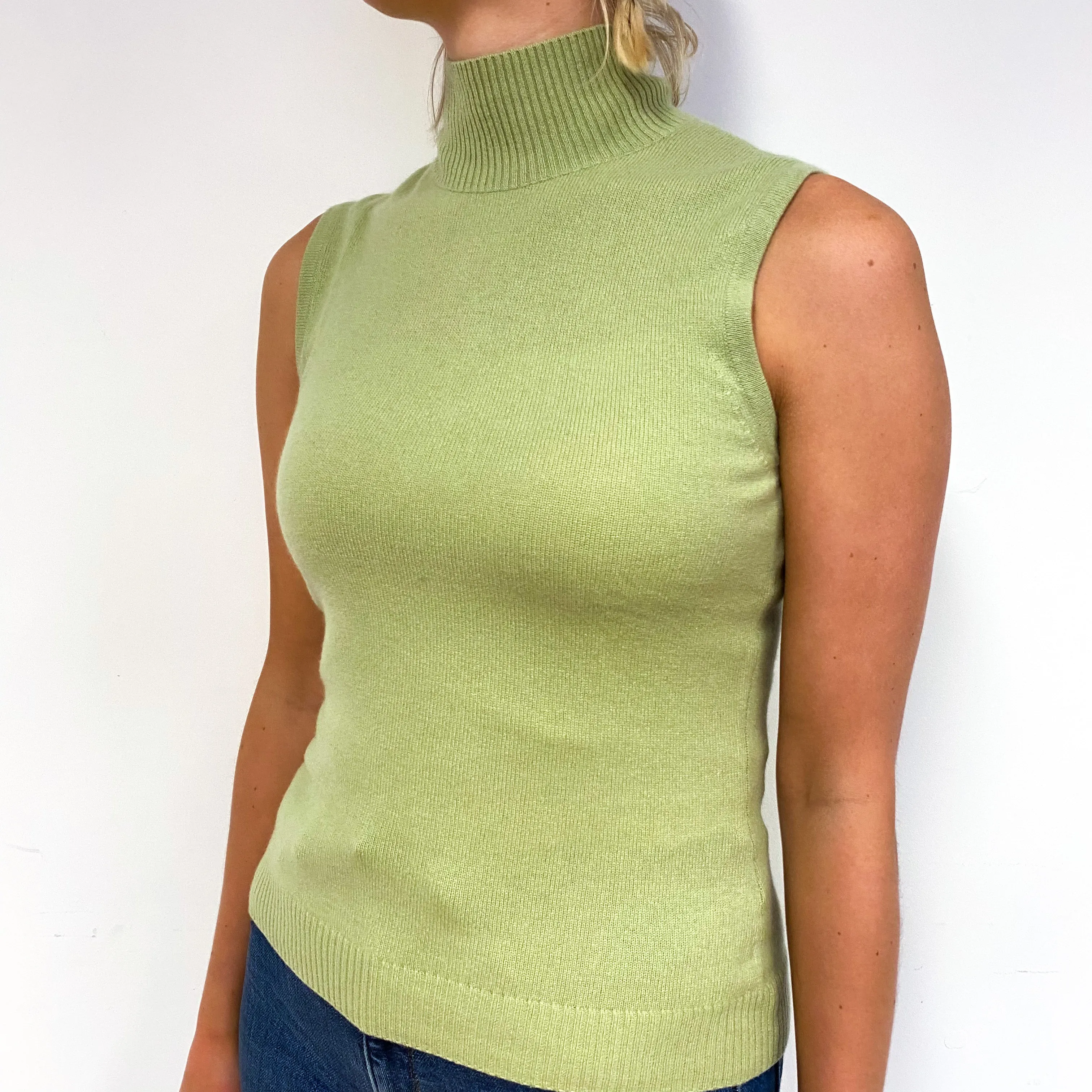 Pistachio Green Cashmere Sleeveless Turtle Neck Jumper Small
