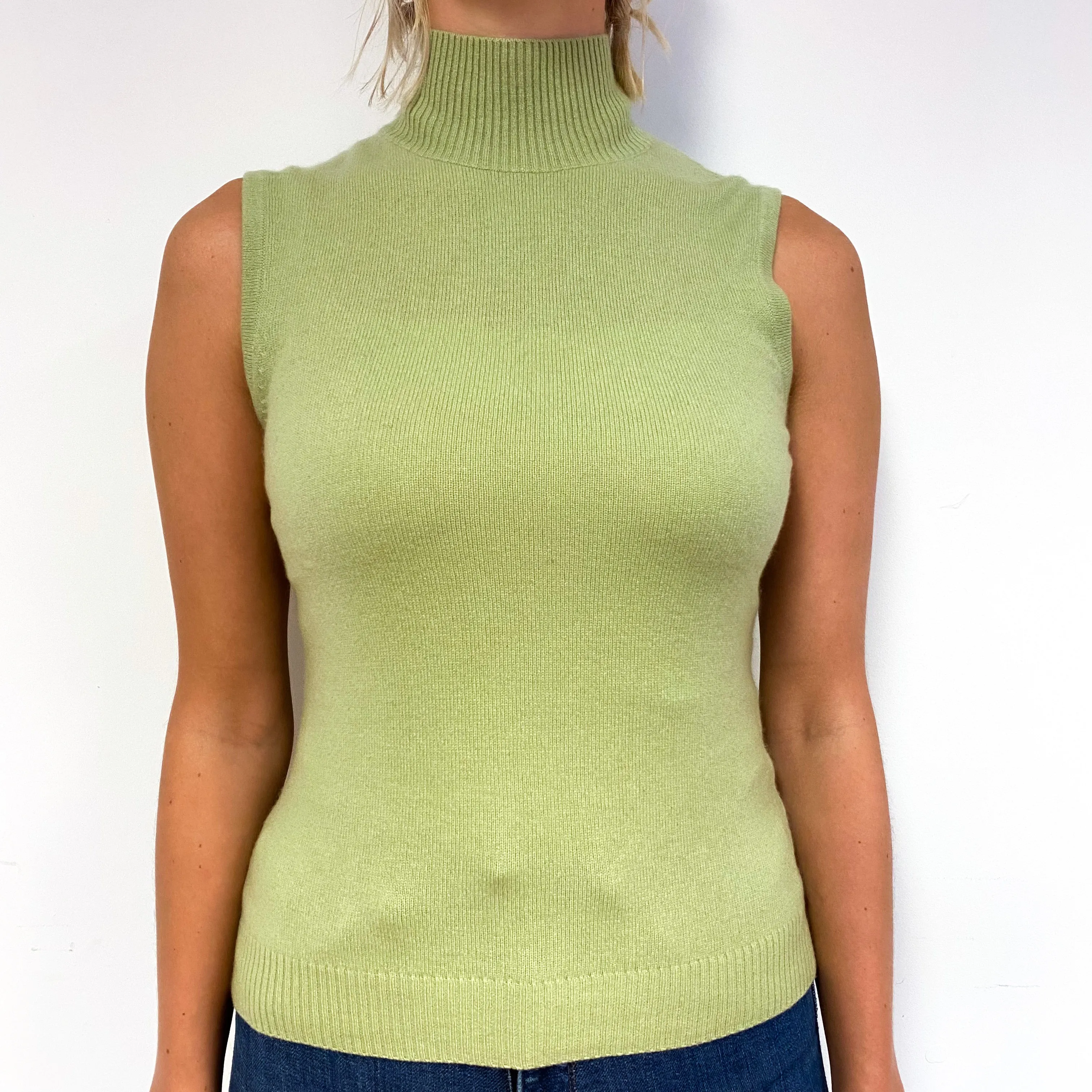 Pistachio Green Cashmere Sleeveless Turtle Neck Jumper Small