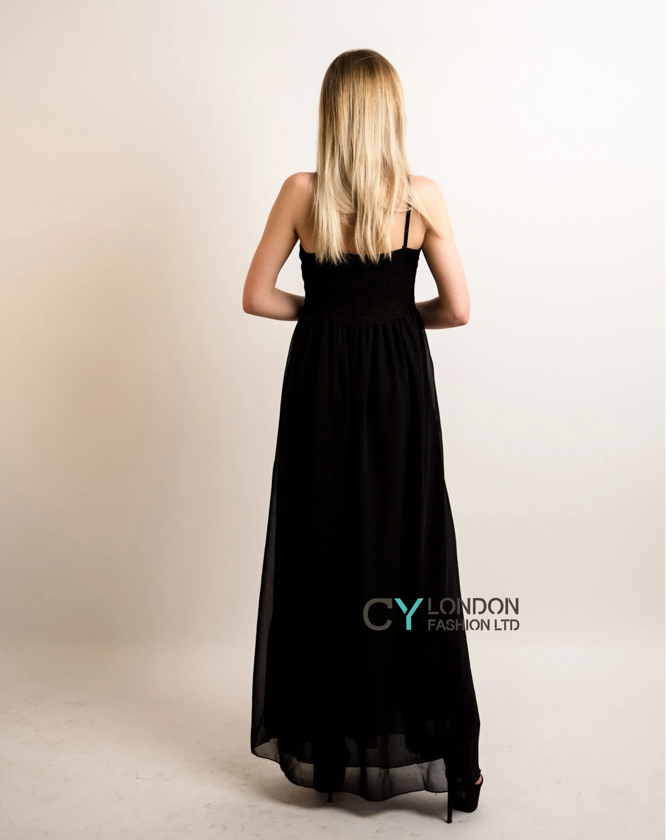 Pleated Bust & Sweetheart Neckline Maxi Dress (Black)