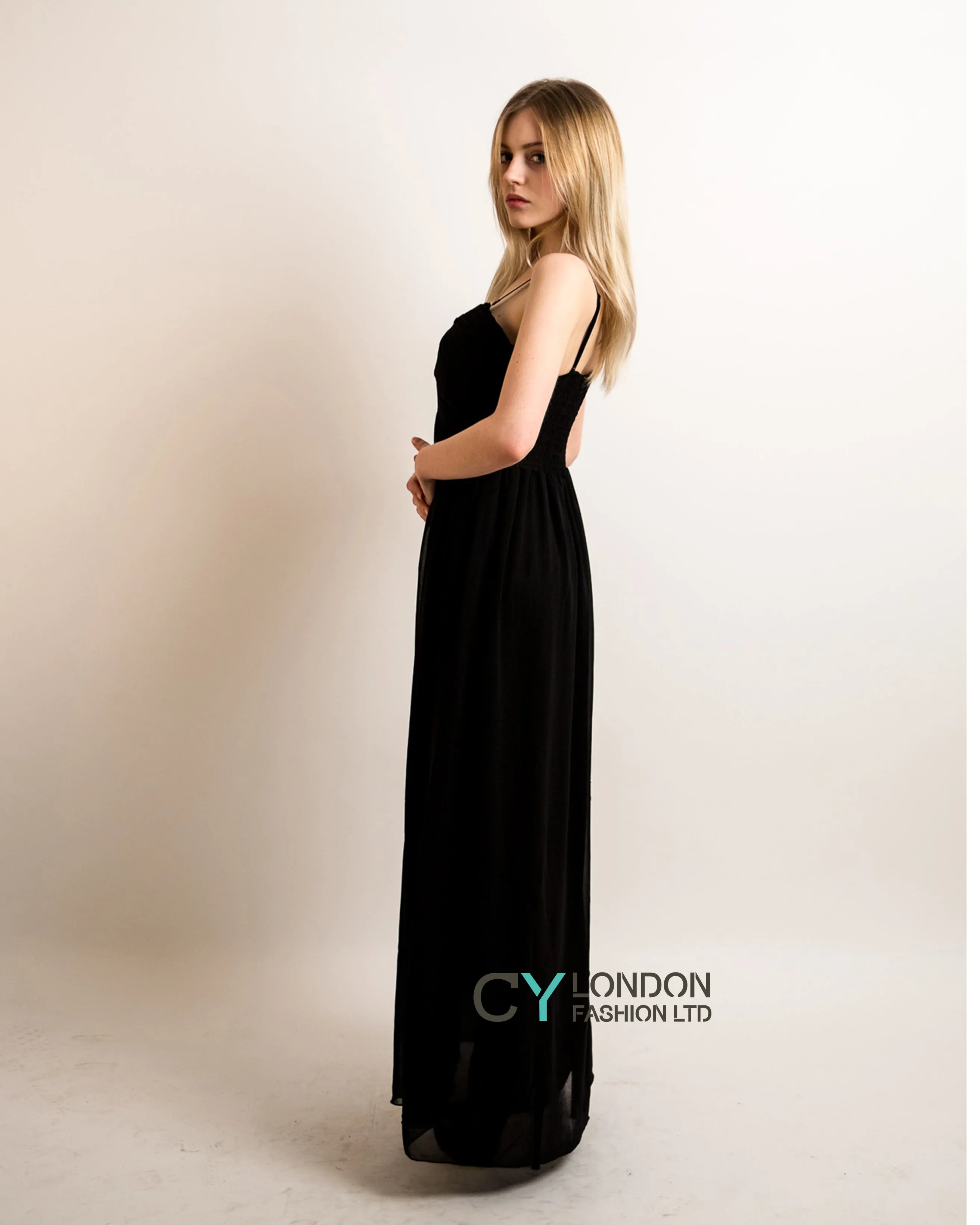 Pleated Bust & Sweetheart Neckline Maxi Dress (Black)