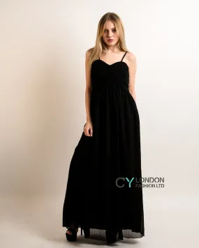 Pleated Bust & Sweetheart Neckline Maxi Dress (Black)