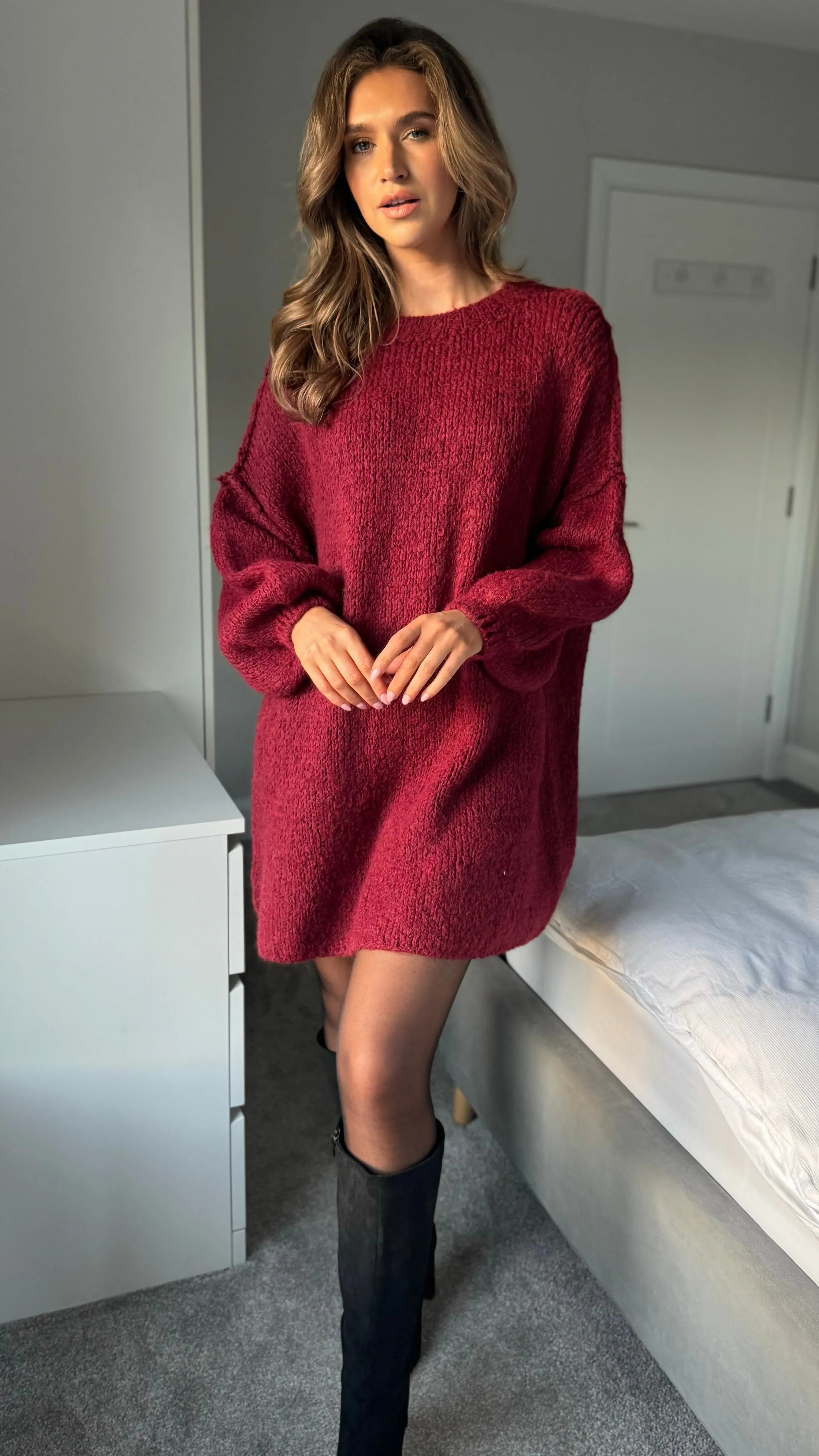 Renae Burgundy Chunky Knit Jumper Dress