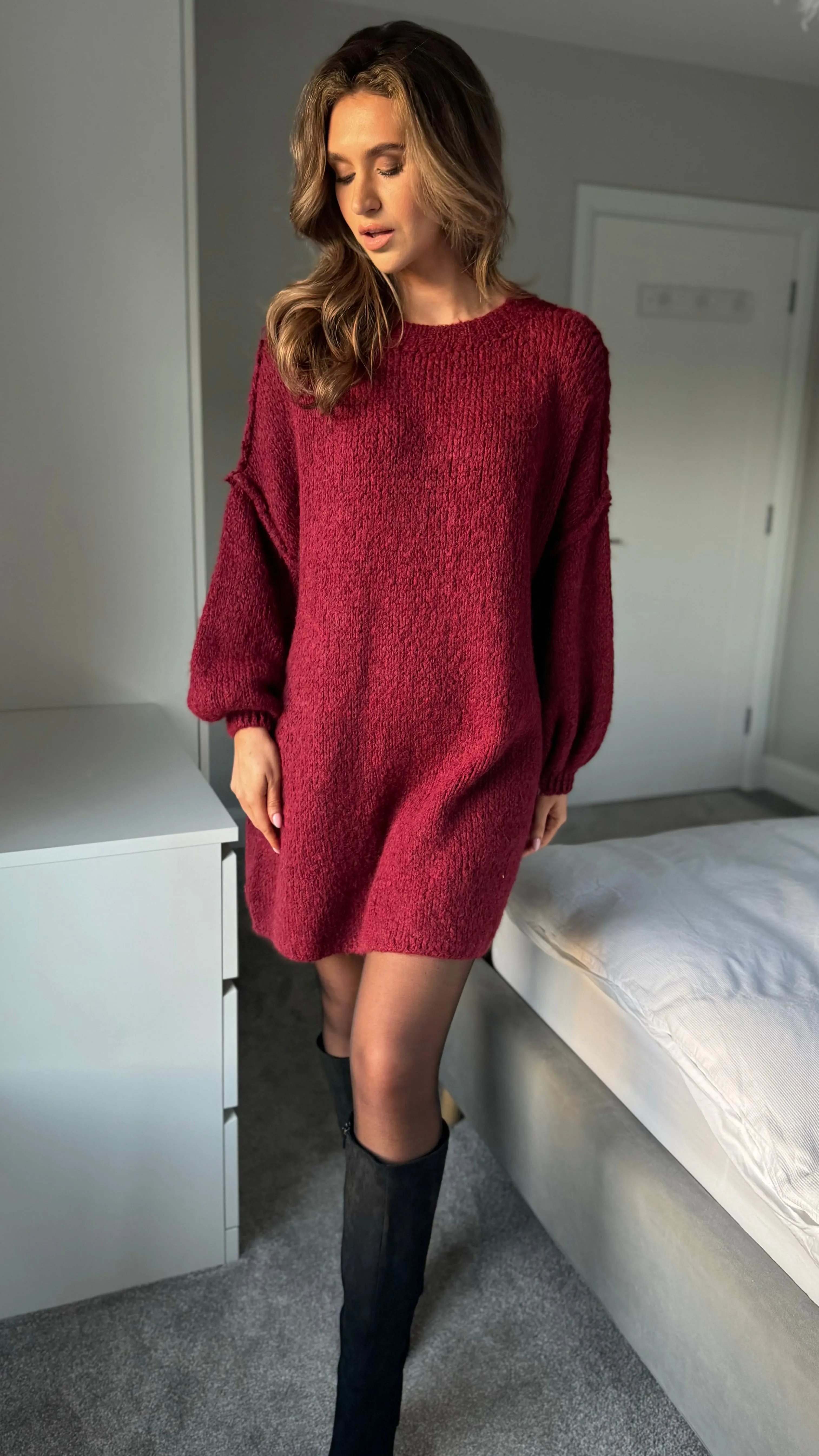 Renae Burgundy Chunky Knit Jumper Dress