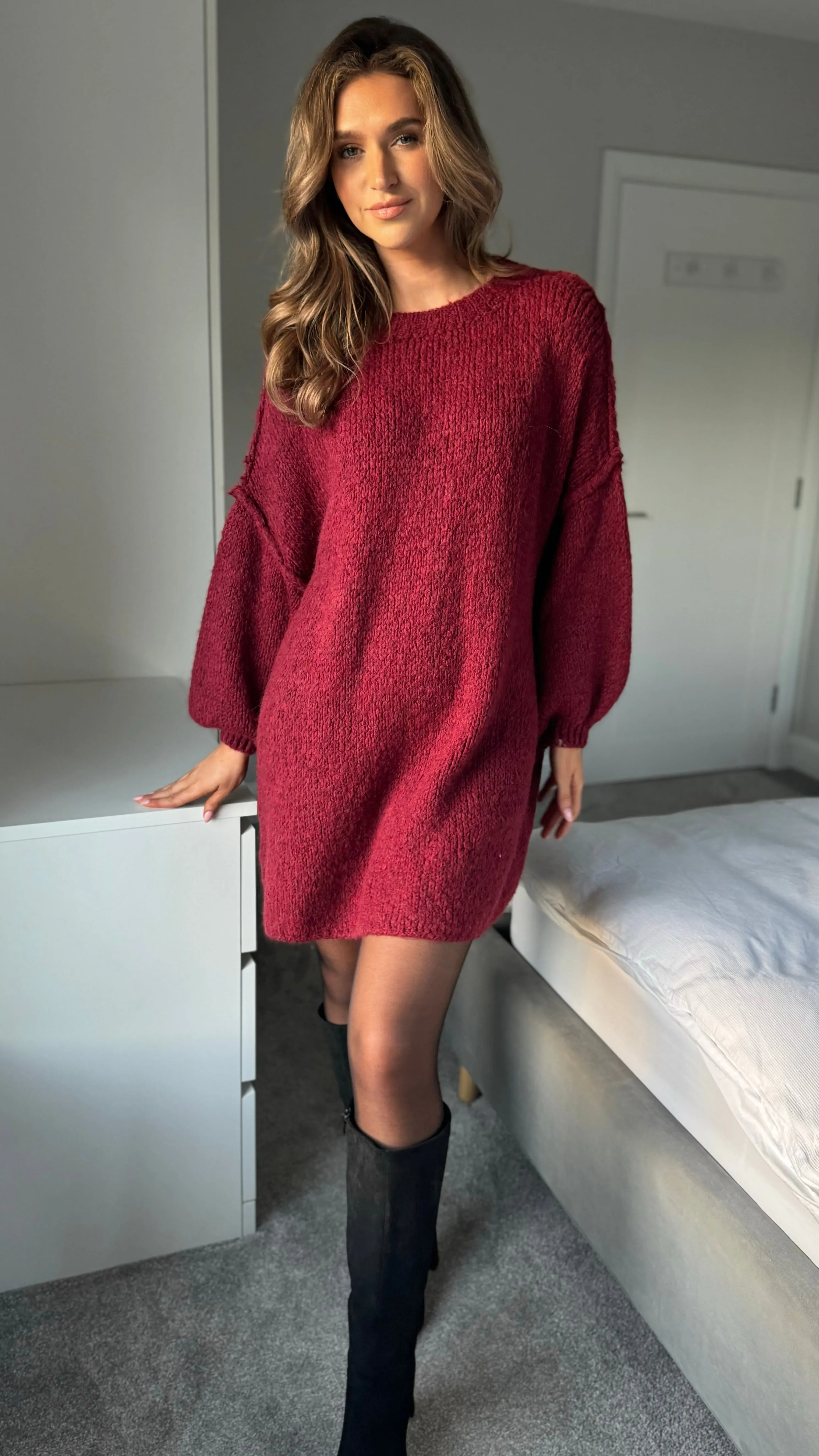 Renae Burgundy Chunky Knit Jumper Dress