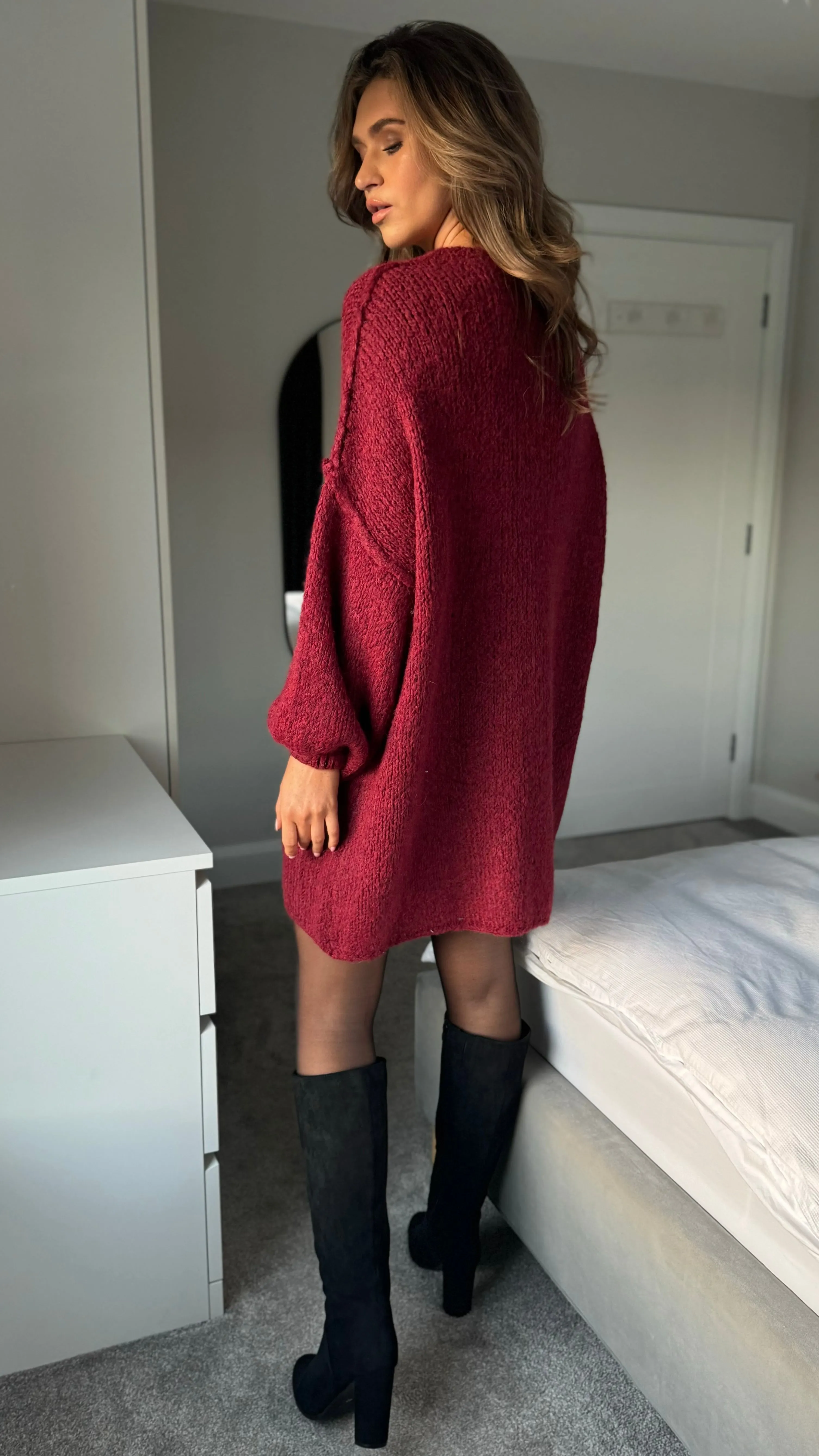 Renae Burgundy Chunky Knit Jumper Dress