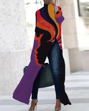 Retro Ethnic Print Three-quarter Sleeve Slit T-shirt Dress