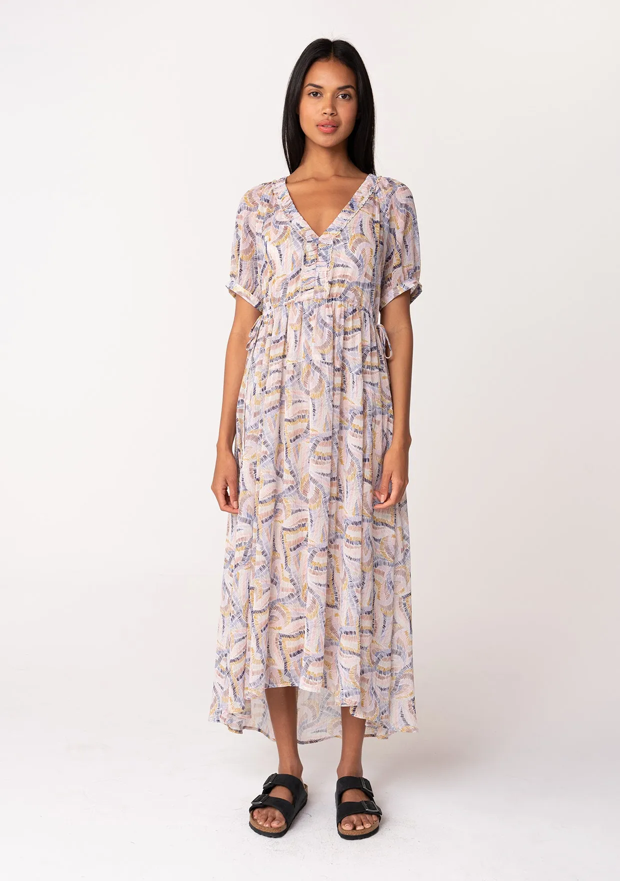 Sheer Puff Sleeve Ruffled V Neck Maxi Dress
