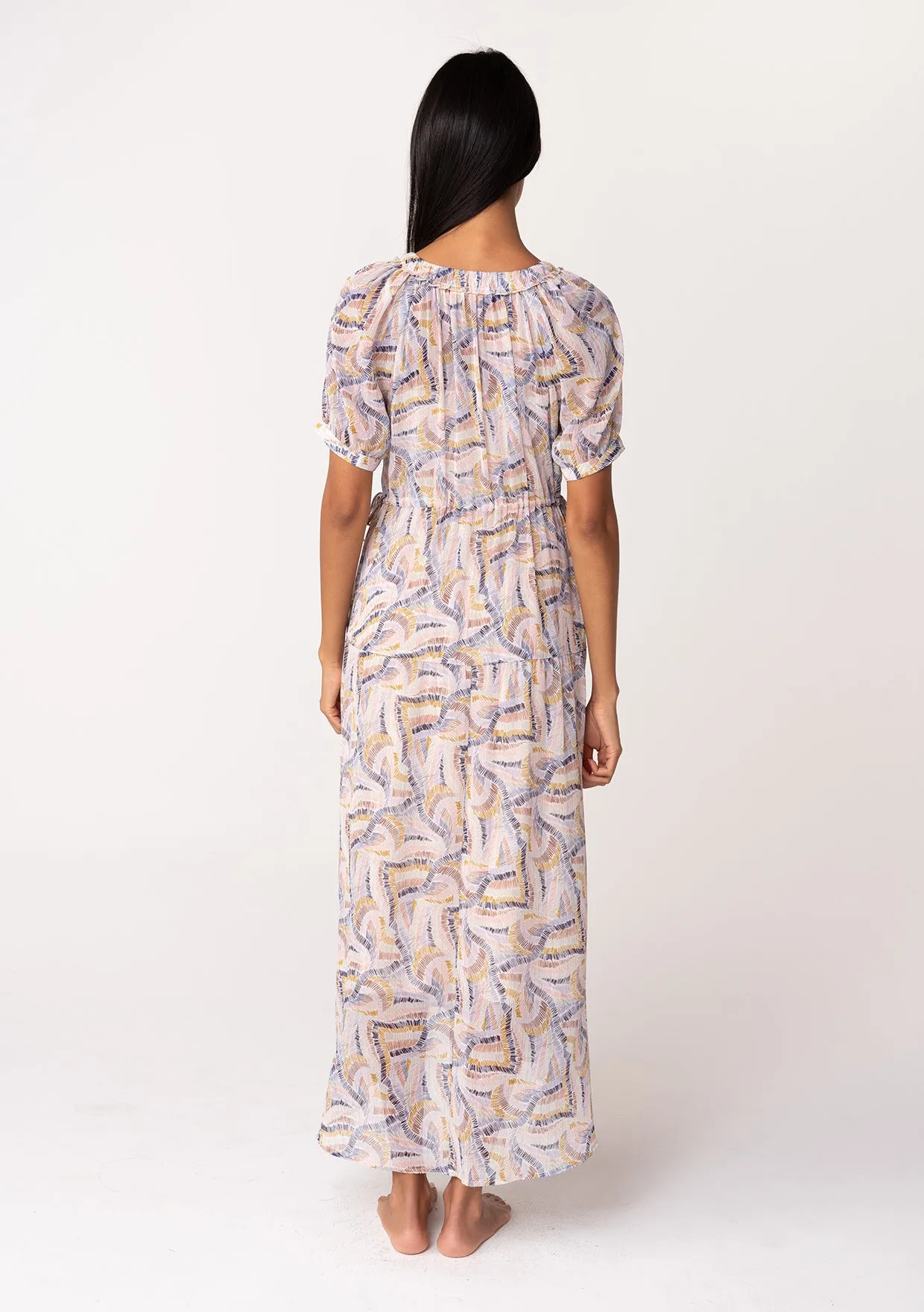 Sheer Puff Sleeve Ruffled V Neck Maxi Dress