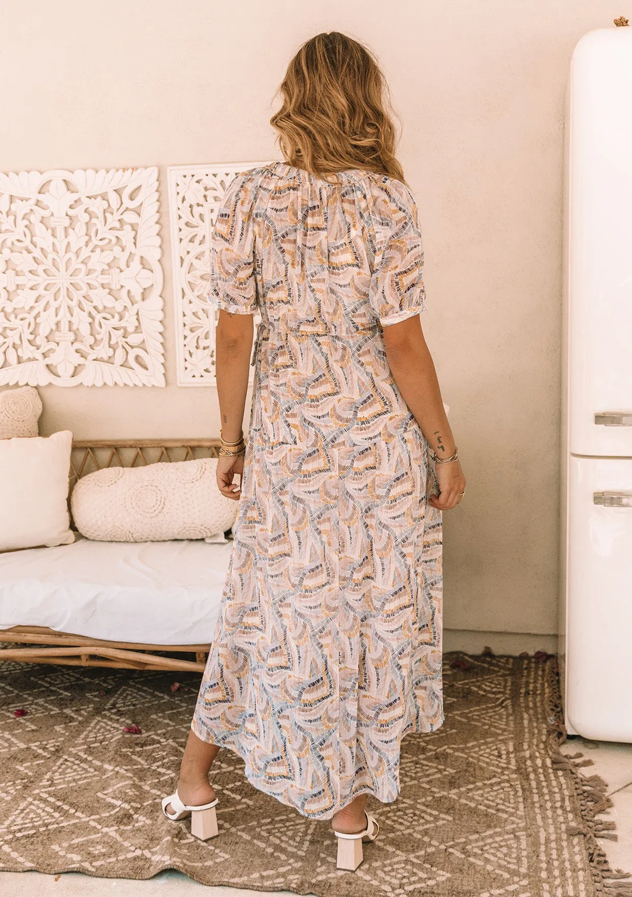 Sheer Puff Sleeve Ruffled V Neck Maxi Dress