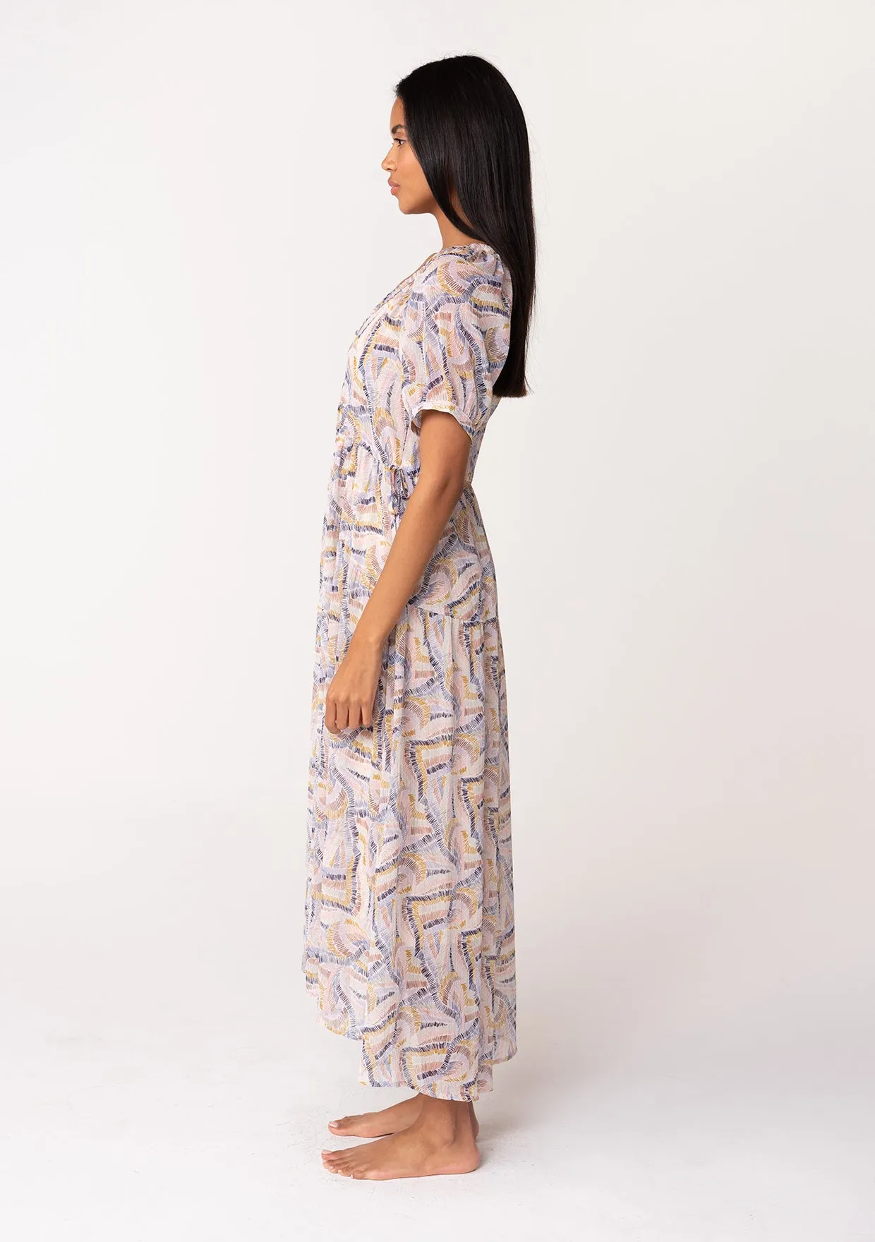 Sheer Puff Sleeve Ruffled V Neck Maxi Dress