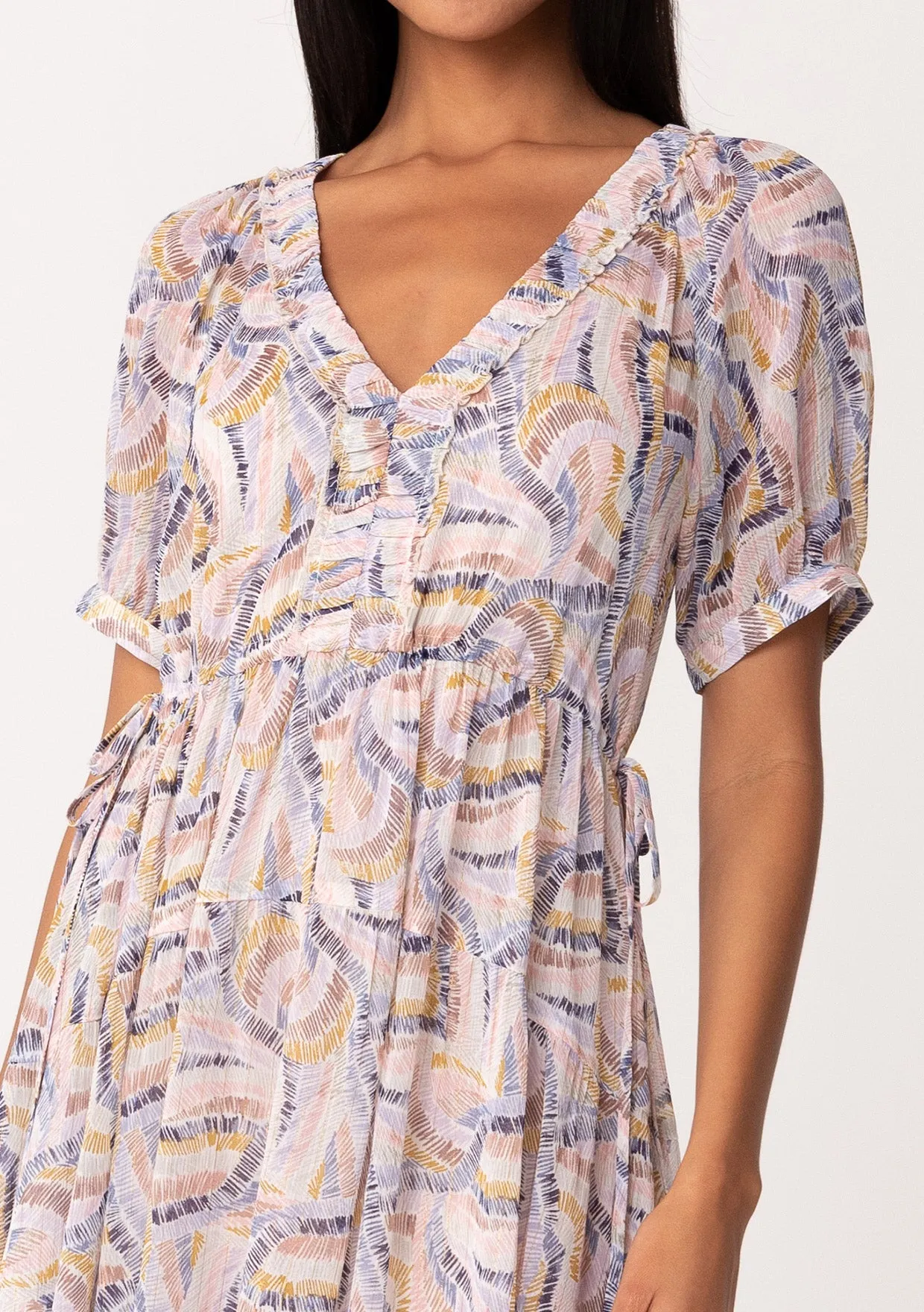 Sheer Puff Sleeve Ruffled V Neck Maxi Dress
