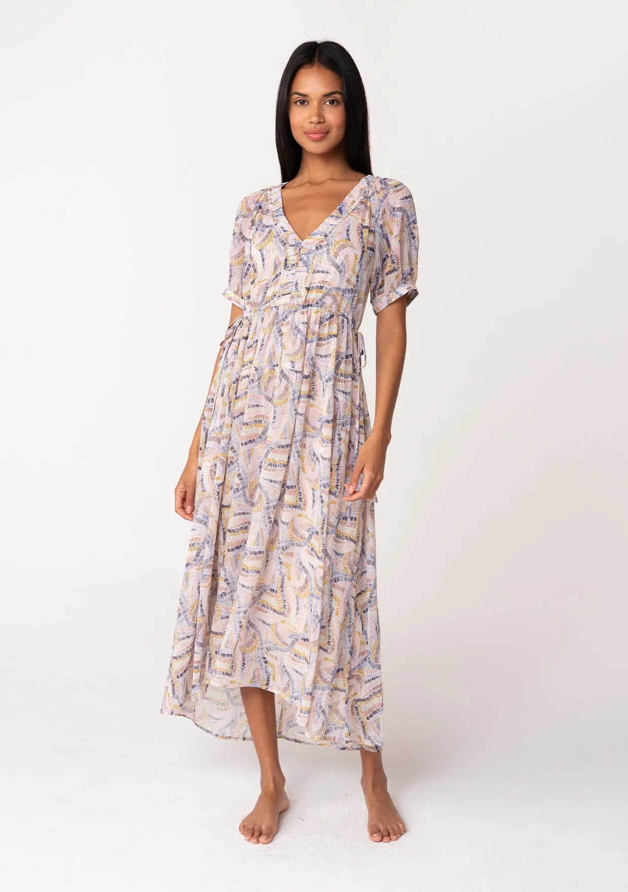 Sheer Puff Sleeve Ruffled V Neck Maxi Dress
