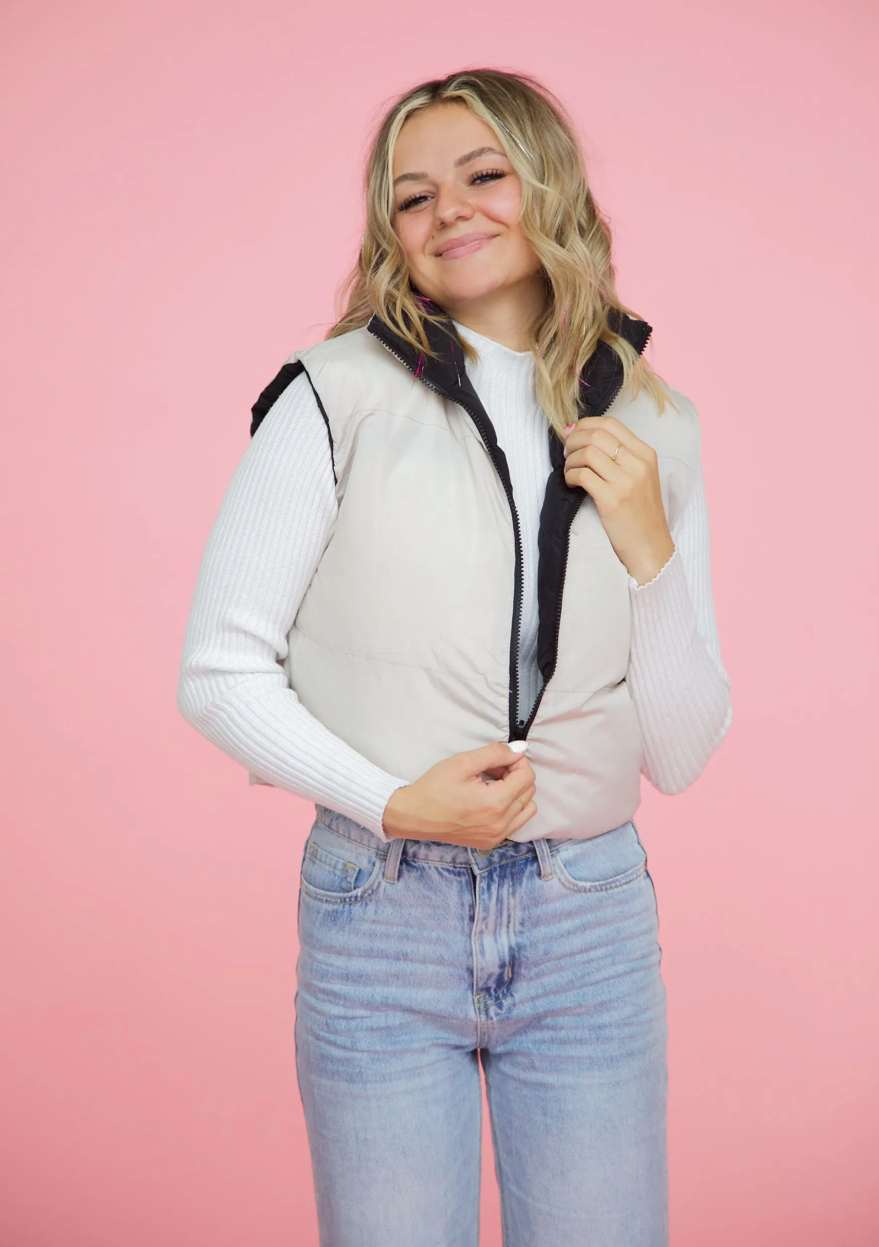 Switch The Mood Puffer Vest In Black and Taupe