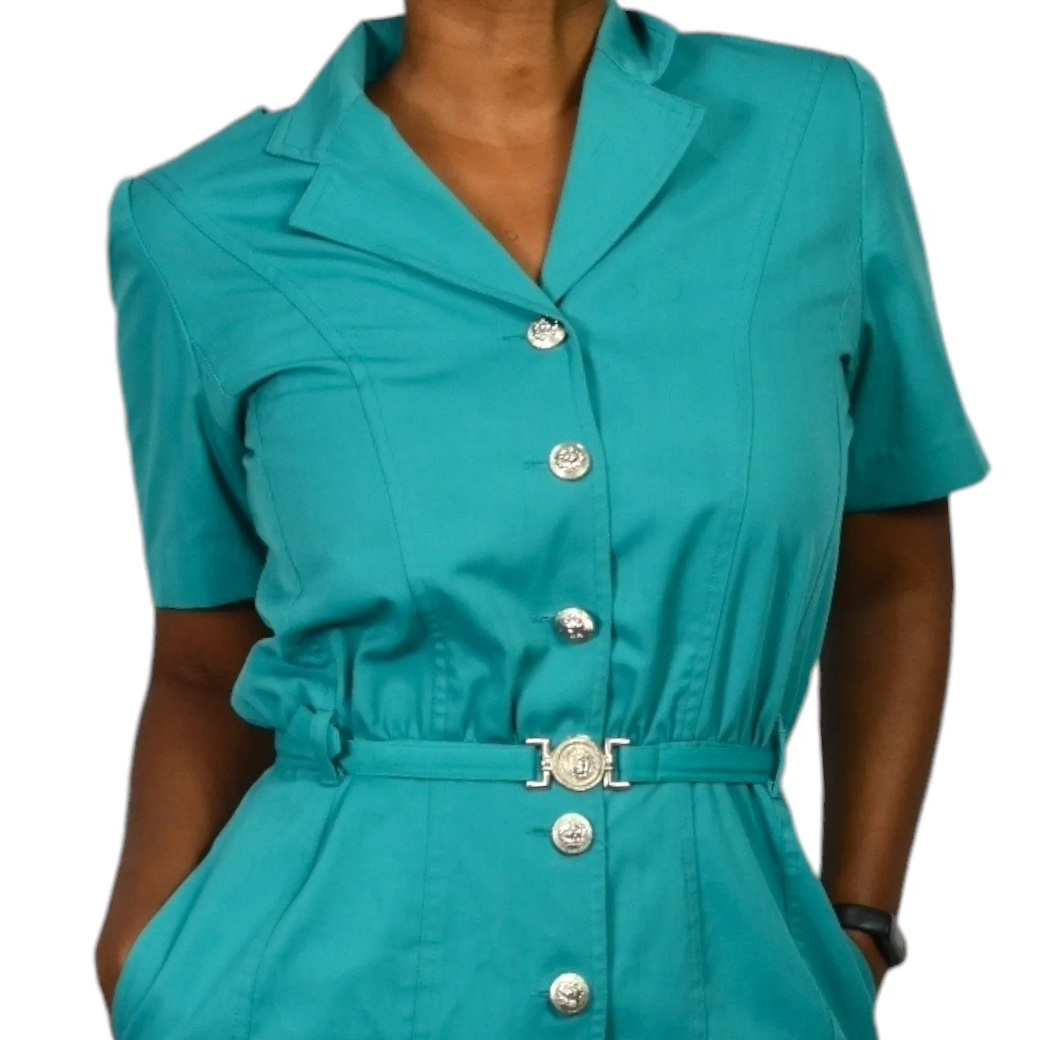 Vintage Together Green Shirtdress Green Teal Dress Button Down Pencil Straight Belted Lattice Cutout Lion Head Size 10