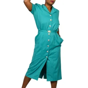 Vintage Together Green Shirtdress Green Teal Dress Button Down Pencil Straight Belted Lattice Cutout Lion Head Size 10
