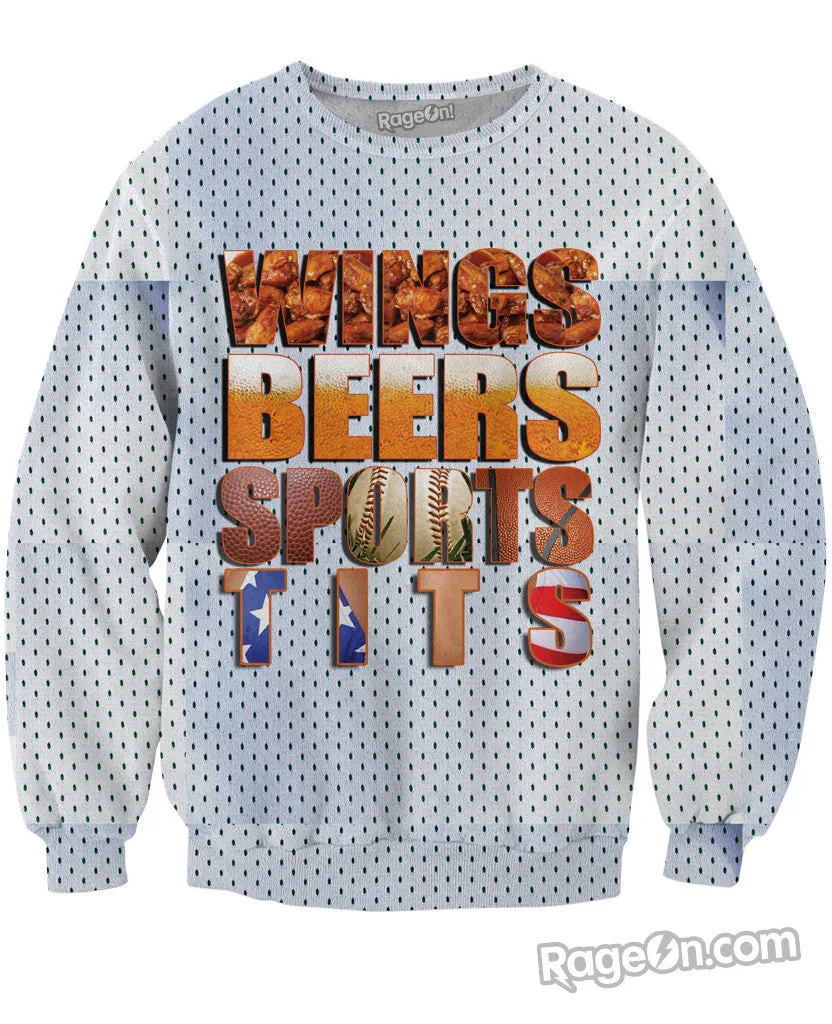 Wings, Beers, Sports, Tits Crewneck Sweatshirt