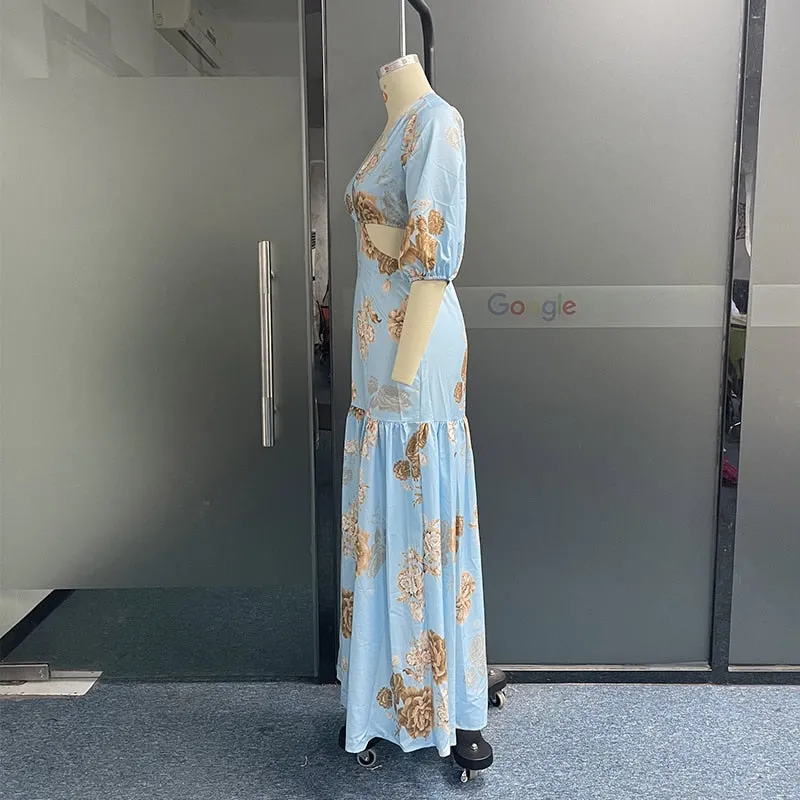 Women Maxi Dress Summer Sexy Elegant V Neck Puff Sleeve Leaky Waist Floral Print Long Skirt Party Evening Dresses