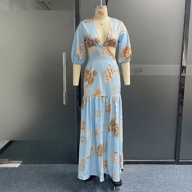 Women Maxi Dress Summer Sexy Elegant V Neck Puff Sleeve Leaky Waist Floral Print Long Skirt Party Evening Dresses