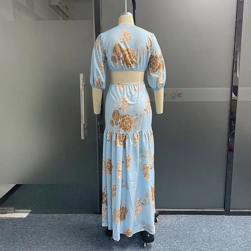 Women Maxi Dress Summer Sexy Elegant V Neck Puff Sleeve Leaky Waist Floral Print Long Skirt Party Evening Dresses