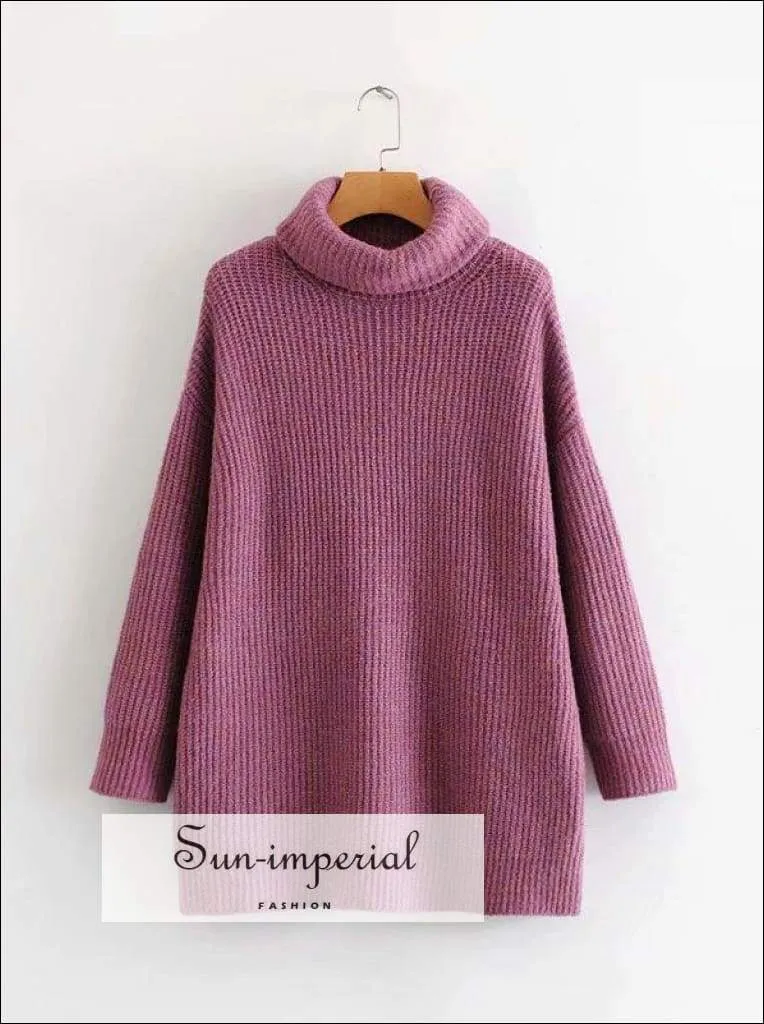 Women Wine Red Oversized Turtleneck Loose Pullovers Jumper Soft Warm Sweater
