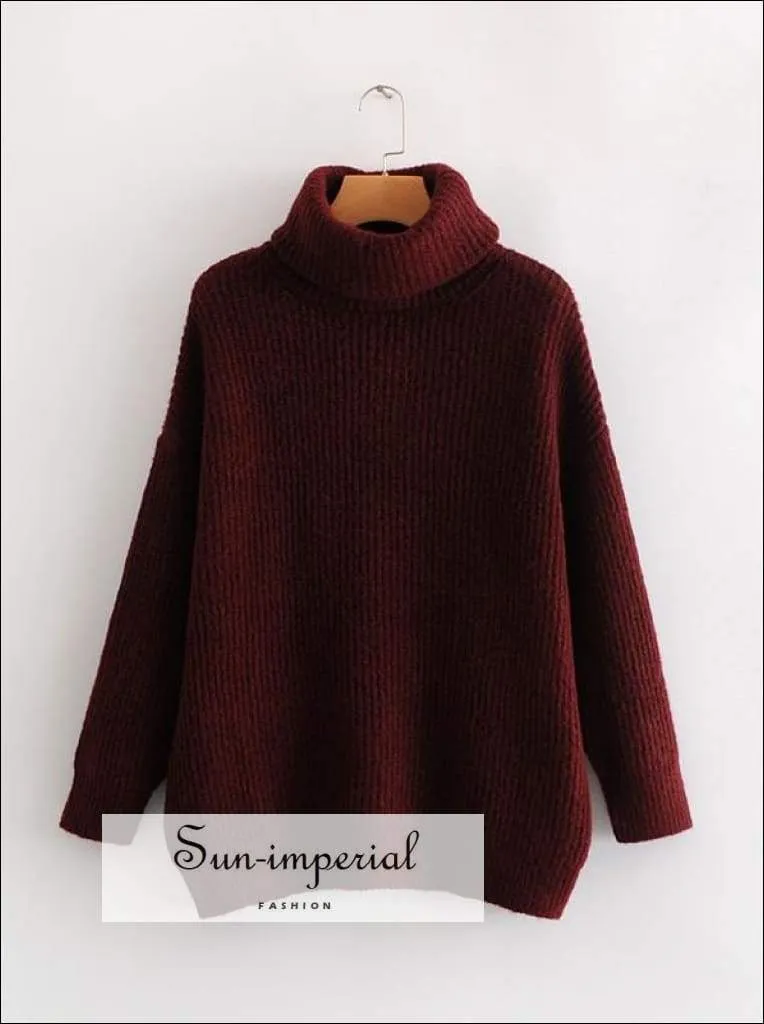 Women Wine Red Oversized Turtleneck Loose Pullovers Jumper Soft Warm Sweater
