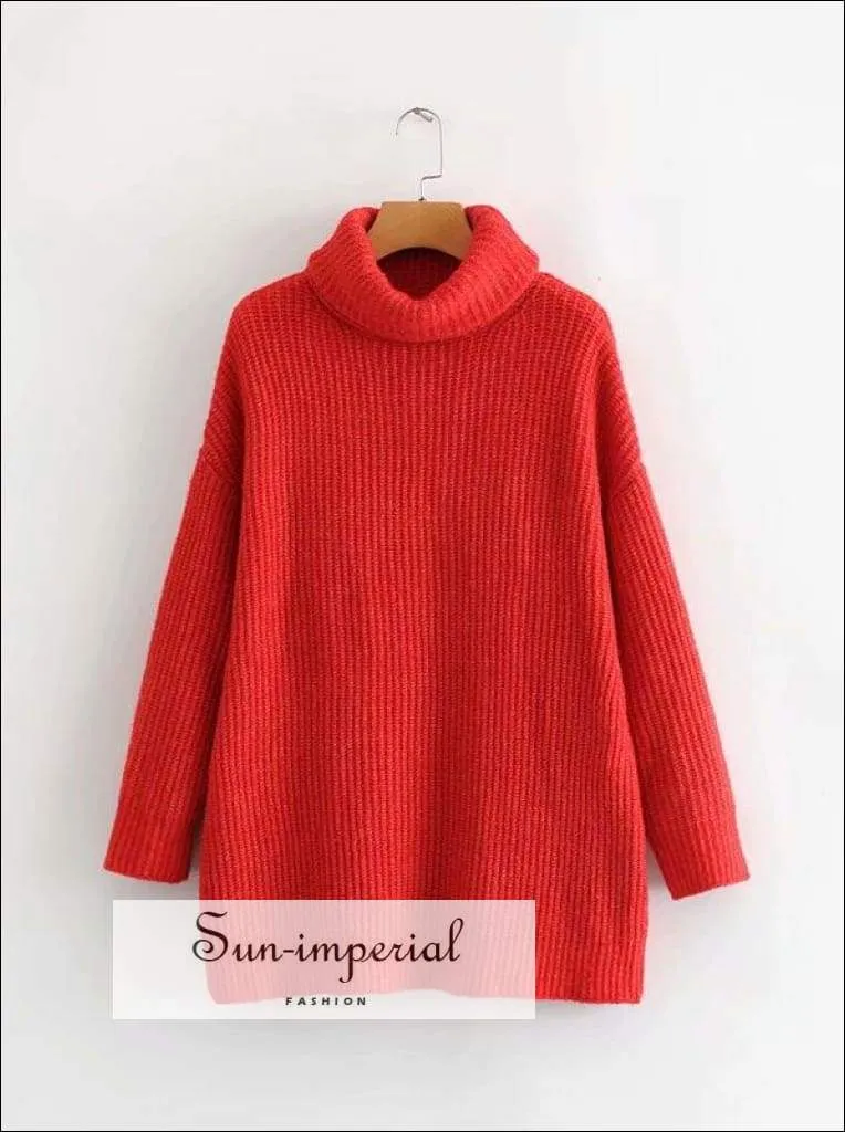 Women Wine Red Oversized Turtleneck Loose Pullovers Jumper Soft Warm Sweater
